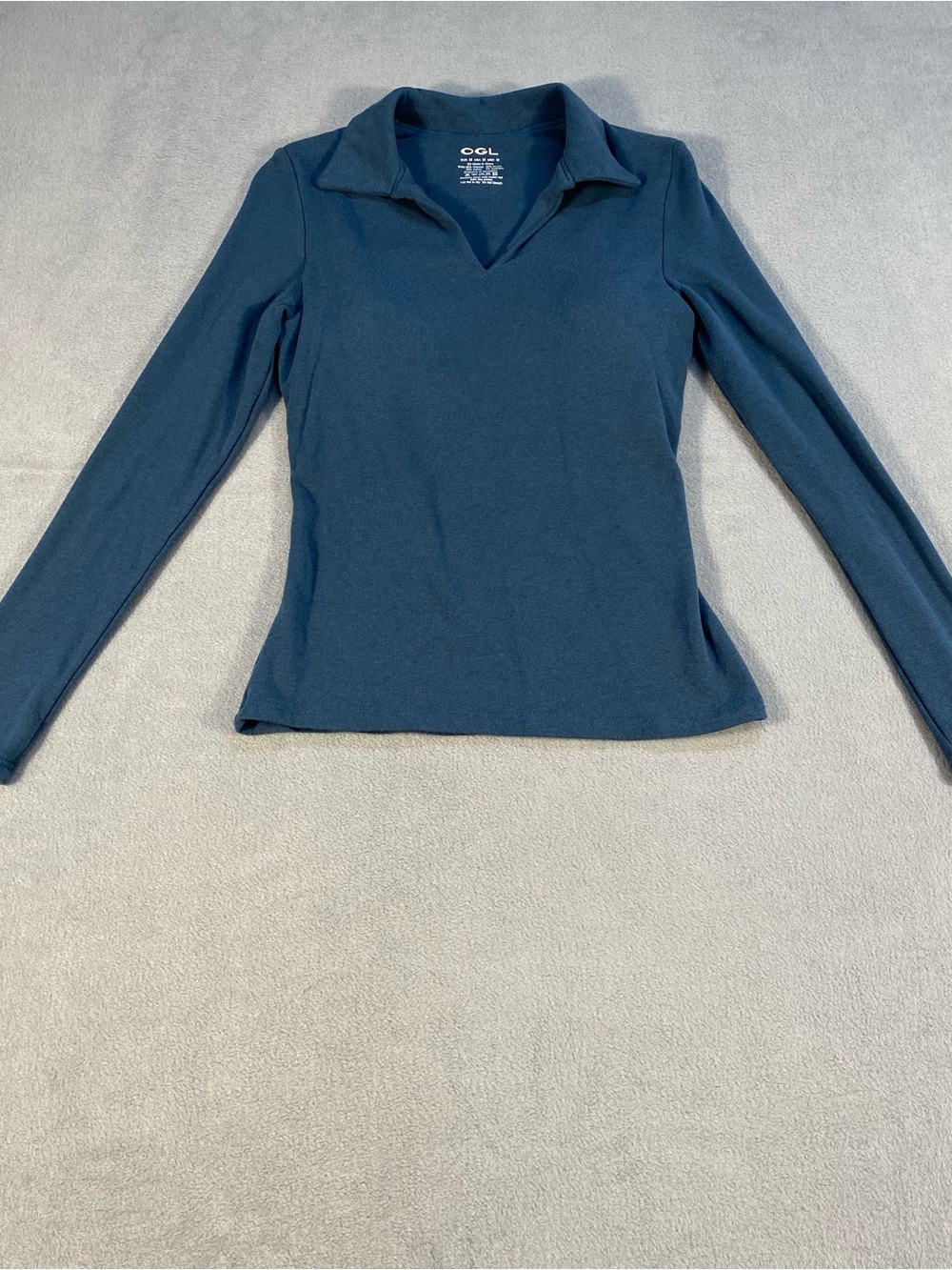 OGL Women's Long Sleeve collared Pullover Top - Teal Blue, built in pads, size M